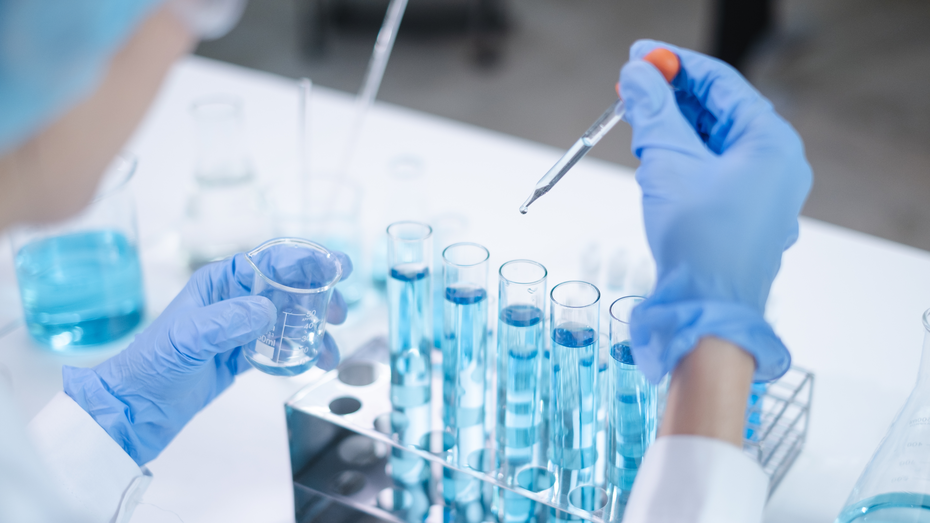 A scientist in gloves holds a small beaker filled with liquid while using a dropper to add more liquid to a row of test tubes containing blue liquid. The laboratory setup features various glassware and a clean, organized workspace.