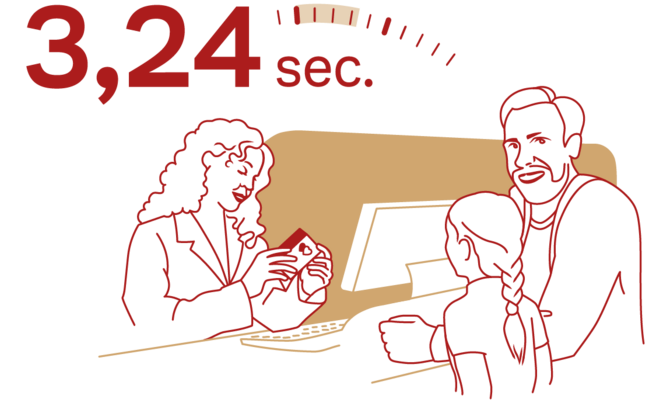 A woman in a suit is interacting with a boy and a man at a counter. The scene emphasizes a time of "3.24 sec." in bold red text, suggesting a quick interaction or service.