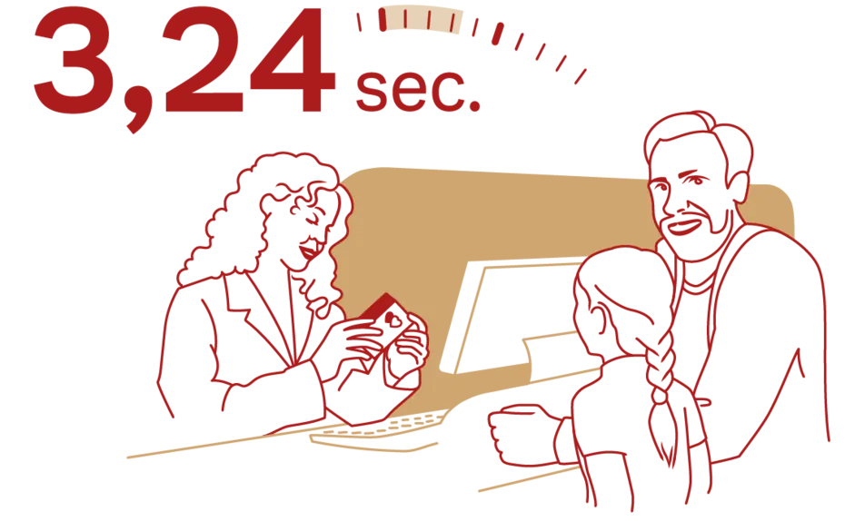 A woman in a suit is interacting with a boy and a man at a counter. The scene emphasizes a time of "3.24 sec." in bold red text, suggesting a quick interaction or service.